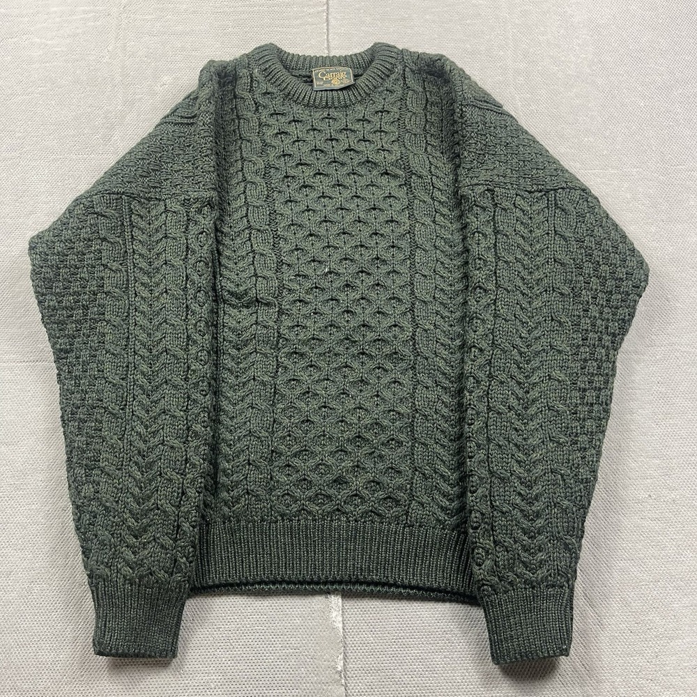 Carraig Donn Sweater Mens Medium Green Wool Cable Knit Aran Pullover Fisherman